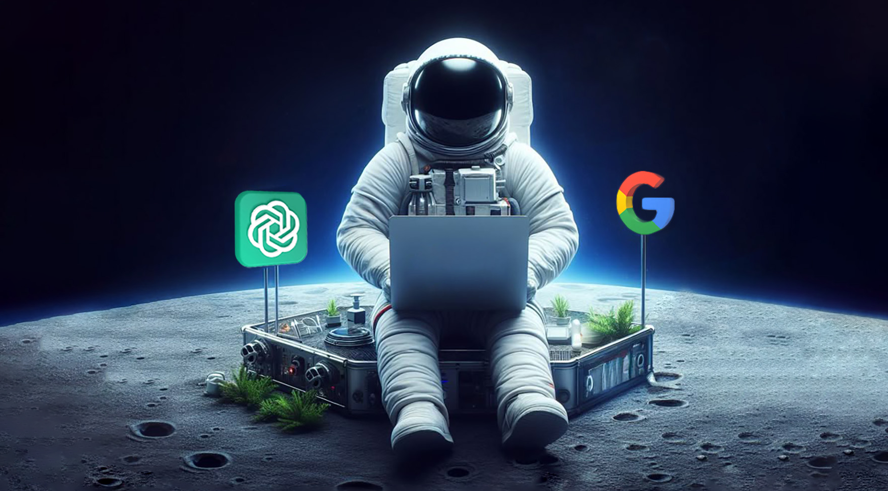 Astronaut with google search on one side and chatgpt on the other showcasing the rank on google and chatgpt